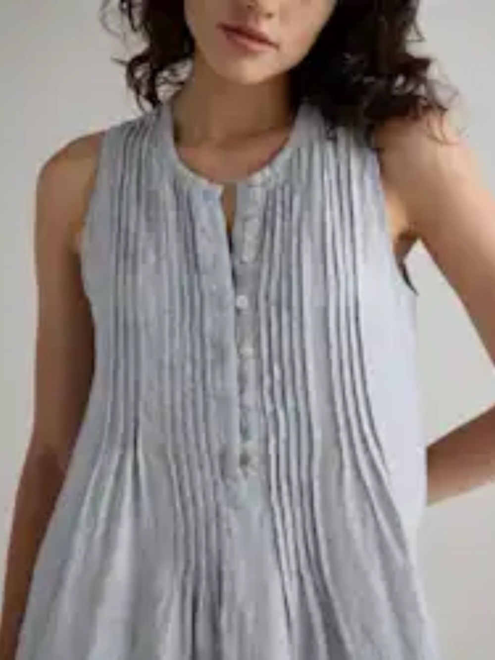 Quince European Linen Sleeveless Swing Dress M Blue Pinstripe Pleated Coastal - Picture 2 of 6